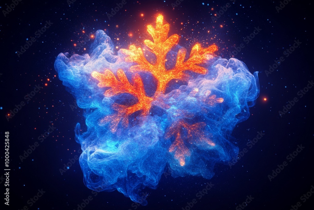 Poster fiery orange and blue fractal snowflake design against a black backdrop merging abstract science fic