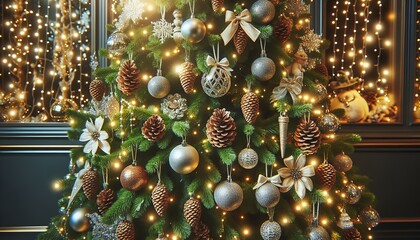 A festive Christmas tree adorned with glowing lights and ornaments, capturing the holiday spirit.
