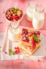 Sweet red currant yeast cake as sweet summer snack.