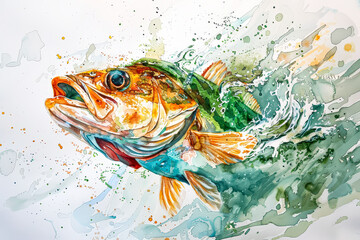 Fish is painted in a watercolor style. The fish is yellow and green, and it is swimming in a body of water. The painting has a peaceful and calming mood