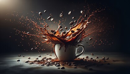 Energetic coffee splash from cup on dark backdrop.