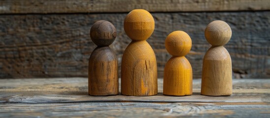 Four Wooden Figure Persons With Same Brown Or Yellow Color On Wooden Background Family Sign Symbol