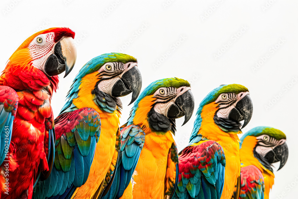 Poster group of colorful parrots standing in a row. the birds are of different colors, including red, yello