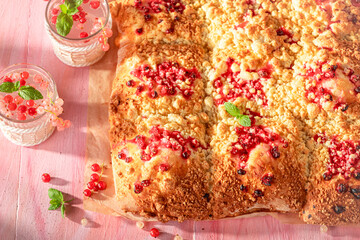 Tasty red currant yeast cake freshly baked on pink table.