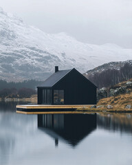 Fototapeta premium Black house on the lake. 