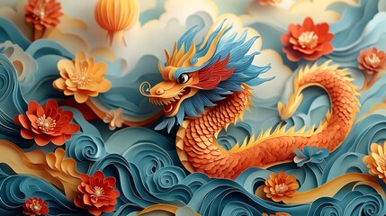 Obraz premium Papercraft Chinese Dragon with Flowers and Clouds, Asian Culture Illustration
