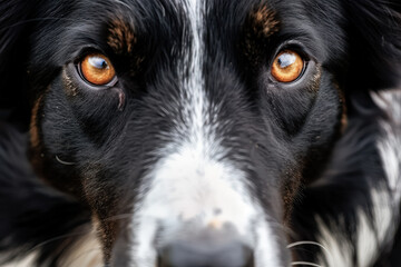 Black and white dog with brown eyes. The dog's eyes are open and staring at the camera