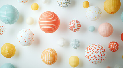 Floating colorful paper lanterns with floral and striped patterns.