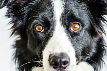 Black and white dog with brown eyes. The dog's eyes are open and staring at the camera