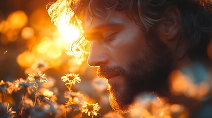 Fototapeta premium Man smelling wildflowers at sunset, golden hour light. Tranquility and nature appreciation concept.