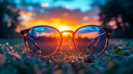 Sunset reflection through round glasses on grass, abstract view of the world