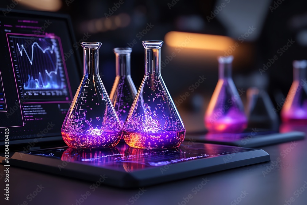 Poster Fantasy science lab with magical teaching materials, where beakers bubble with glowing liquid, and interactive charts change as students learn