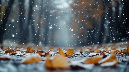 Snow falling on a path covered with autumn leaves in a forest.