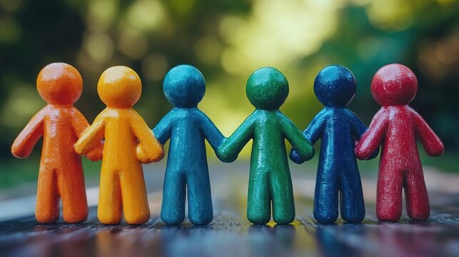 Colorful figurines holding hands, symbolizing unity and diversity in a vibrant outdoor setting.