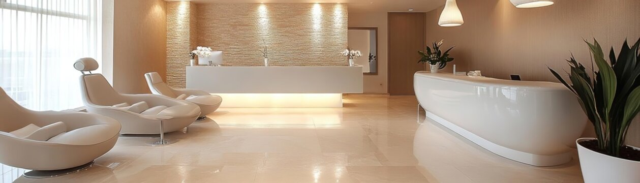 Modern reception area with stylish seating and warm lighting, ideal for wellness or spa environments.
