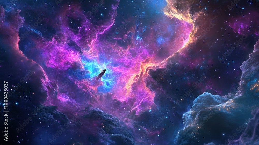 Poster A Solitary Starship Navigating Through Vibrant Cosmic Nebulae