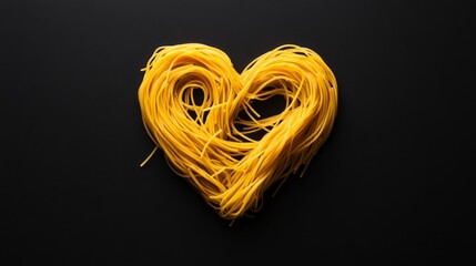 Heart shape made of yellow spaghetti noodles on black background