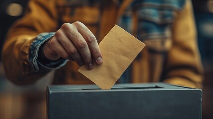 Person casting vote in a ballot box, close-up view. Democracy and election concept