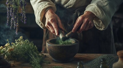 Herbalist preparing natural remedies with mortar and herbs