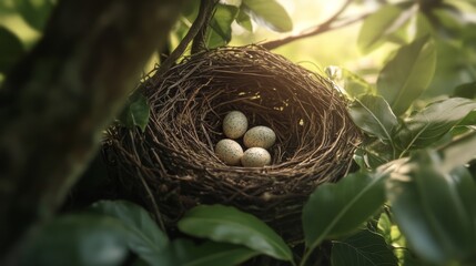 Fototapeta premium Bird's nest with eggs in a tree, serene nature scene. Wildlife and natural beauty concept