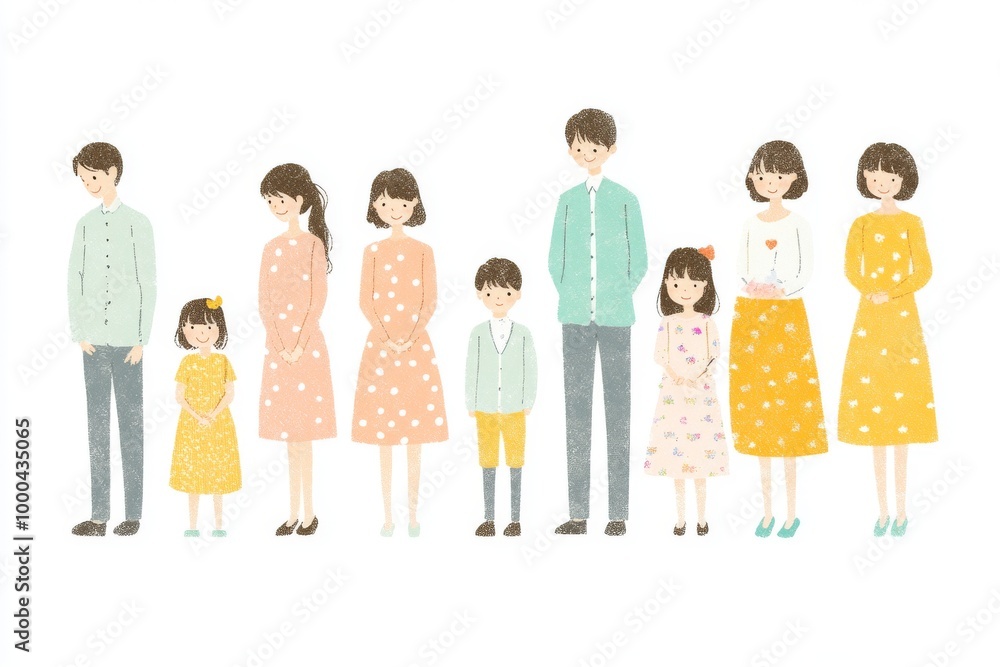 Poster stylized family illustration with parents and children standing together representing unity connecti