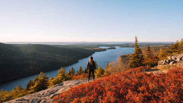 Female Hiker Epic View Acadia National Park Sunrise Beech Mountain Orange Leaves Ocean View Beautiful Wide Landscape During Fall Foliage in Maine