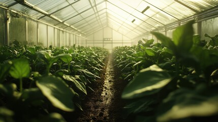 Naklejka premium Depict a self-repairing agricultural greenhouse, where tears and punctures in the structure are sealed automatically, optimizing growing conditions and minimizing 