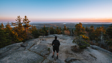 Male Hiker Beech Mountain in Acadia National Park Sunrise Beehive Trail Epic Wide Landscape During...