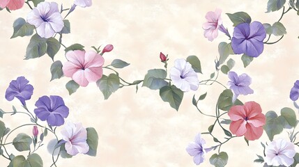 Image of a lovely floral pattern with delicate lilacs and morning glories on a subtle background