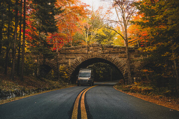 Camper Van Drives Through Camper Van Drives Through Autumn Stone Bridge Acadia National Park Carriage Roads Fall Foliage Beautiful Nature New England