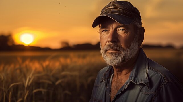 Portrait of a 60 year old farmer in a wheat field at sunset