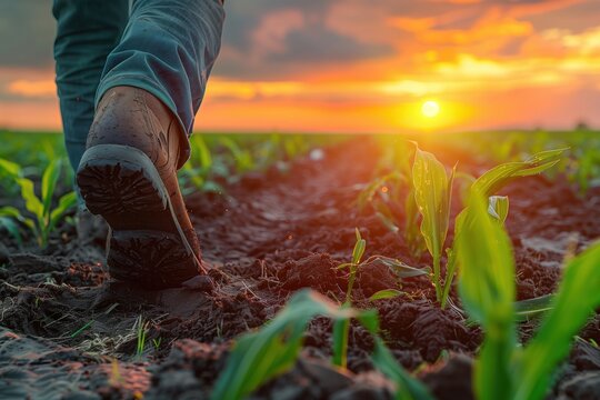 Young farmer walking in a corn field with boots