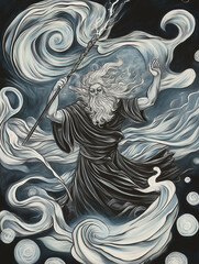 A powerful illustration of Prospero from Shakespeare’s “The Tempest,” commanding a storm with his staff, swirling winds, and lightning in a mystical, otherworldly atmosphere.
