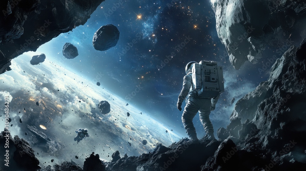 Poster astronaut standing on a rocky asteroid in space with a view of a distant planet and asteroids