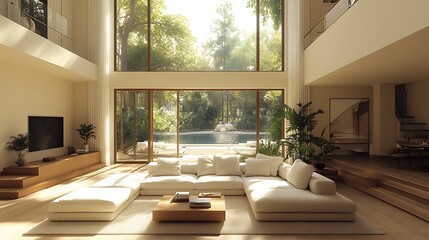 Fototapeta premium Modern Living Room Interior Design with Large Windows and Tropical View