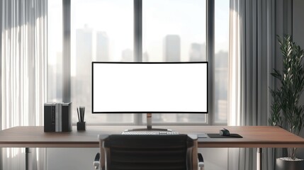 Mockup of widescreen monitor on desk in office, AI-generative