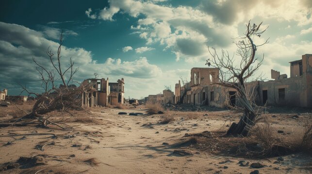 A haunting scene of a deserted town with skeletal remains of buildings scattered across a dry, barren landscape. The dramatic sky adds a sense of eeriness and abandonment, creating a powerful post