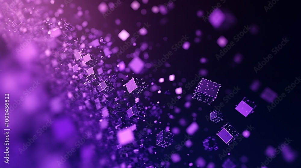 Poster abstract background with purple glowing cubes in motion, creating a sense of depth and energy.