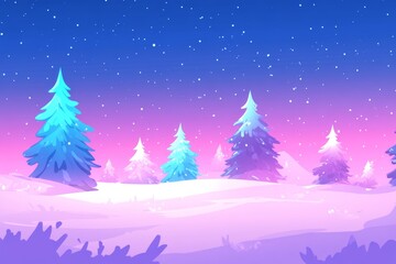 Fototapeta premium Winter night scene with glowing Christmas trees in pink purple and blue set against a starry sky representing the vibrant and magical energy of holiday celebrations