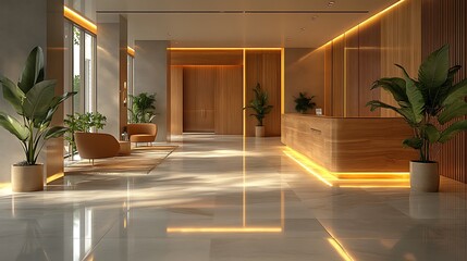 Modern minimalist hotel lobby interior design with warm yellow LED lights