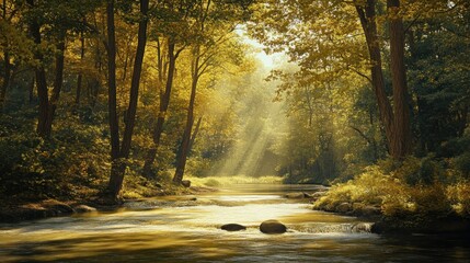 Obraz premium Sunbeams Filtering Through Trees Illuminating a Tranquil Forest Stream