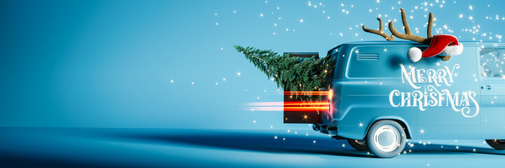 Old van with Merry Christmas text and Christmas tree on blue background with copy space. Christmas banner design. 3D Rendering, 3D Illustration © hd3dsh