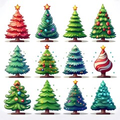 Delightful collection of pixel art Christmas trees showcasing various festive designs and decorations, perfect for holiday celebrations or crafting projects. Generative AI