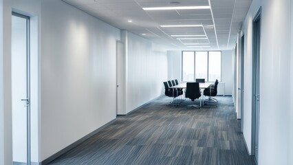 Modern office hallway leading to a conference room with a sleek design.