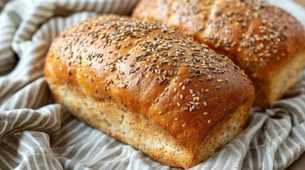 Freshly Baked Homemade Whole Wheat Bread With Flaxseeds On Napkin Useful Dietary Bread