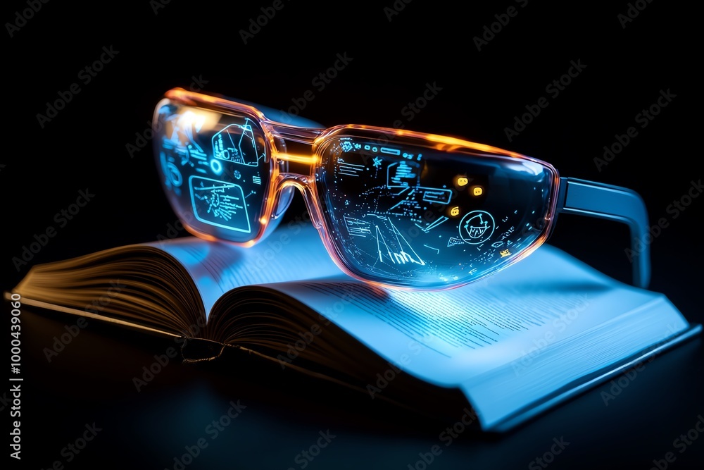 Poster futuristic augmented reality textbook, where students use ar glasses to see virtual diagrams and int