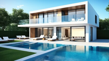 Fototapeta premium Modern villa with a pool and outdoor seating, showcasing contemporary architecture.