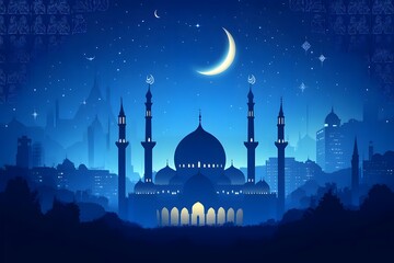 Illustration of a Mosque at night under crescent moon and stars