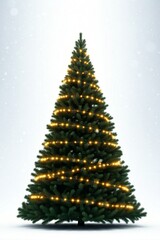 Schlicht geschm&uuml;ckter Weihnachtsbaum umgeben von dezenten Lichtern und Kugeln, vor einem hellen, schneebedeckten Hintergrund. Generative KI.