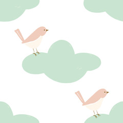 small bird sitting on blue clouds with print on white background seamless pattern - handpainted for kids, nursery decor
